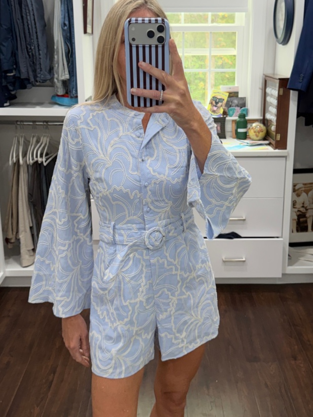Hyacinth House Light Blue Floral-Print Long-Sleeve Belted Romper